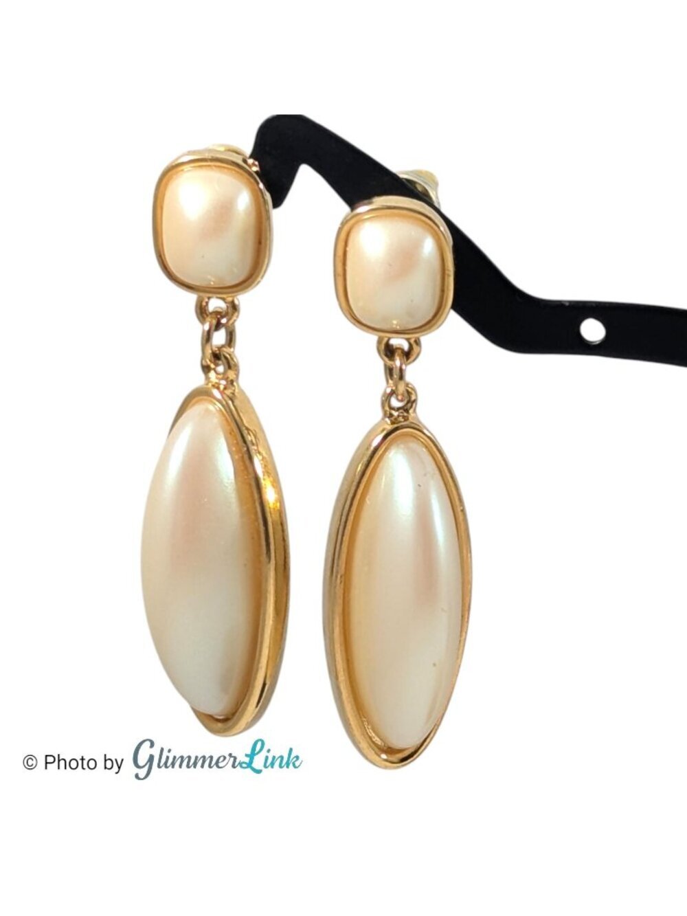 Vintage Gold Tone Faux Pearl Marquise Dangle Pierced Earrings